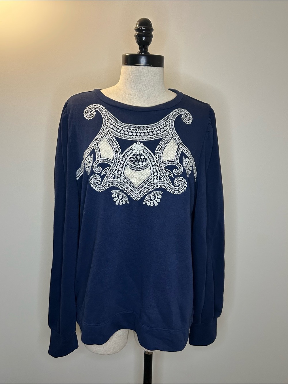 LOFT Navy Blue Mosaic Cutout Sweatshirt Top Cotton Blend Embroidery Womens L